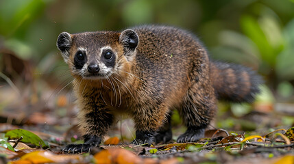 Fototapeta premium Amazon South American Coati foraging on the forest floor, its ringed tail and body visible