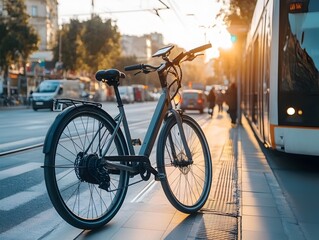 Electric Bicycle on Urban Street During Sunset with Public Transit