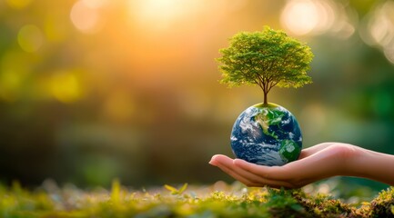 The hand holds the globe of the Earth with a growing tree, the concept of ecology and nature protection.