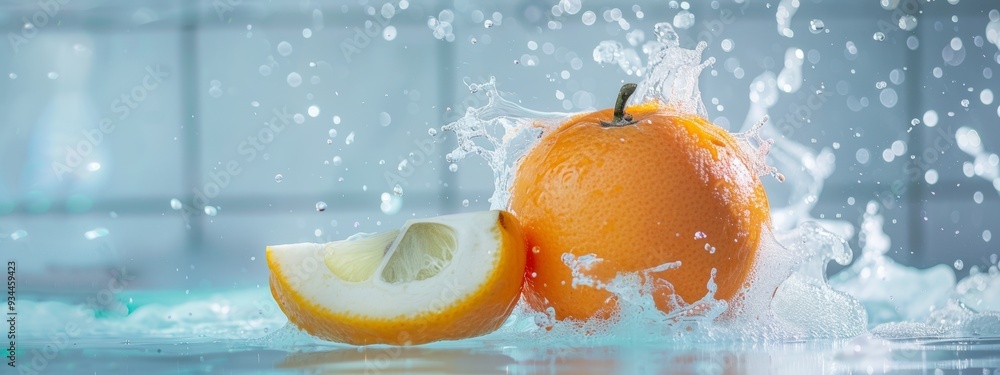 Poster refreshing orange and lemon splashing in water with dynamic droplets