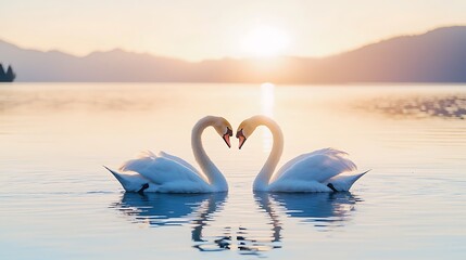 Fototapeta premium Two Swans in Love at Sunrise on a Mountain Lake