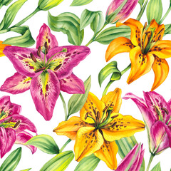 Watercolor lily pattern. Watercolor lily flower color. Botanical pattern of lily flower. Lily pattern of flowers with hand drawn elements for the design of packaging, products, cards