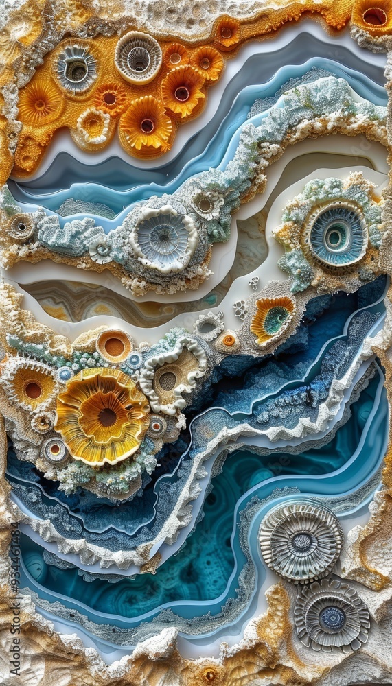 Poster an abstract 3d rendering of a geological cross-section of earth s surface. this captivating image fe