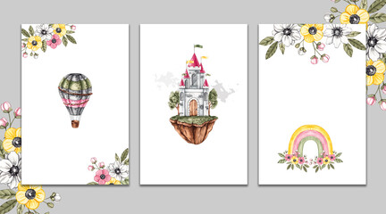 Watercolor mockup of fairytale postcard with air castle. Kids fairytale postcard design for invitations, cards, labels, etc. Hot air balloon and air castles, rainbow in flowers