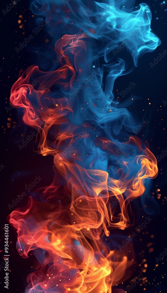 Poster an abstract visual capturing the vibrant clash of fire and ice. red and orange hues collide with coo