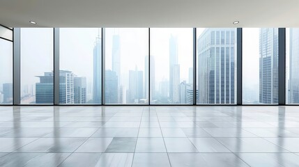 A large window in a modern building provides a view of a cityscape with tall buildings on a foggy day. The floor is tiled and the window is framed with black trim.
