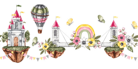 Watercolor seamless horizontal pattern with air castle. Kids fairy tale pattern for fabric design, cards, invitations, labels, wallpapers, etc. Hot air balloon and air castles in flowers