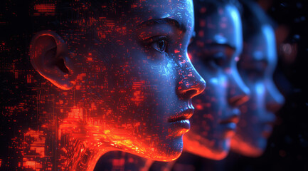 AI Artificial intelligence cyber. Futuristic AI abstract design, intricate circuitry pattern. AI Robot face, virtual human, virtual character, digital clone, machine learning. Realistic photo