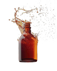 Amber glass bottle with liquid splash and droplets