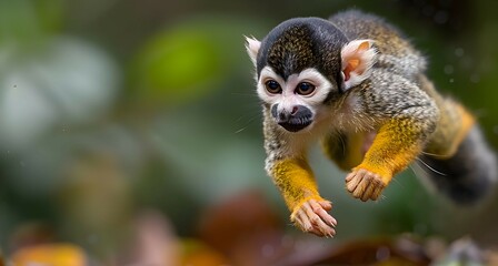 Obraz premium Amazon Squirrel Monkey jumping between branches, its agile movements captured mid-air