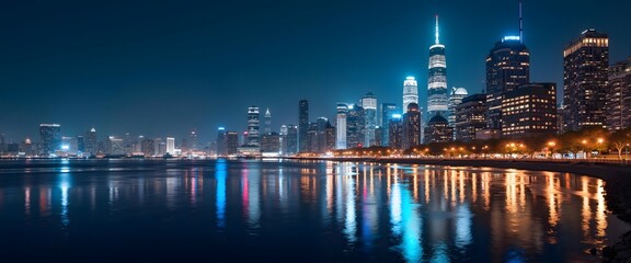 Naklejka premium City Skyline at Night Glittering Lights and Reflective Waters