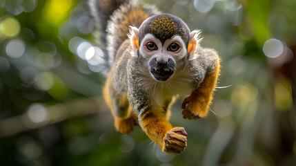 Amazon Squirrel Monkey jumping between branches, its agile movements captured mid-air