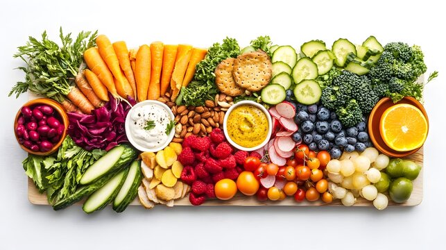 A top-down view of a beautifully arranged vegetarian charcuterie board on a white background, featuring an assortment of colorful vegetables, fruits, nuts, and plant-based dips, creating a vibrant dis