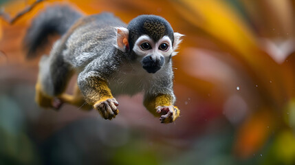 Fototapeta premium Amazon Squirrel Monkey jumping between branches, its agile movements captured mid-air