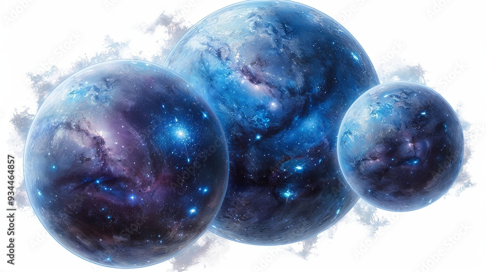 Poster blue glowing planet orbs in a cosmic nebula. this image is great for any outer space or science fict