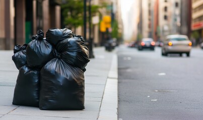 Obraz premium Black trash bags are piled on the edge of an urban street, lining the sidewalk. The glossy surfaces of the bags reflect the streetlights, adding contrast to the gritty city environment.