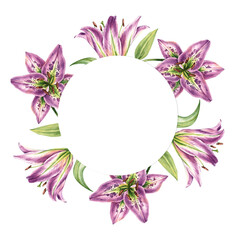 Fototapeta premium Watercolor purple lilies frame. Lilies frame background. Hand drawn purple lily for packaging design, products, cards, invitations, etc.