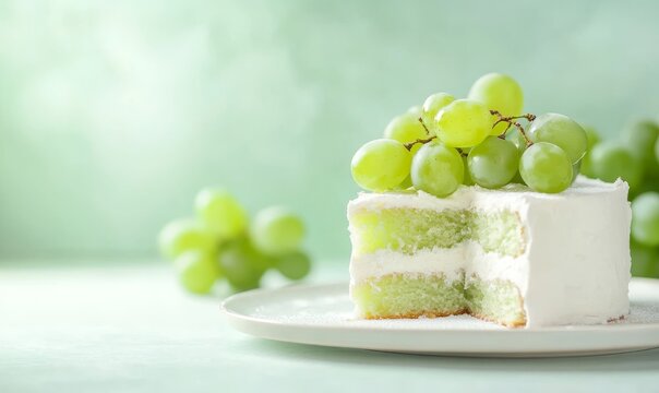 Close-up of a green grape cake served as dessert on a blurred background. Delicious juicy grape cake in a blurred park.