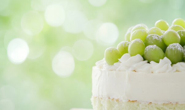 Close-up of a green grape cake served as dessert on a blurred background. Delicious juicy grape cake in a blurred park.