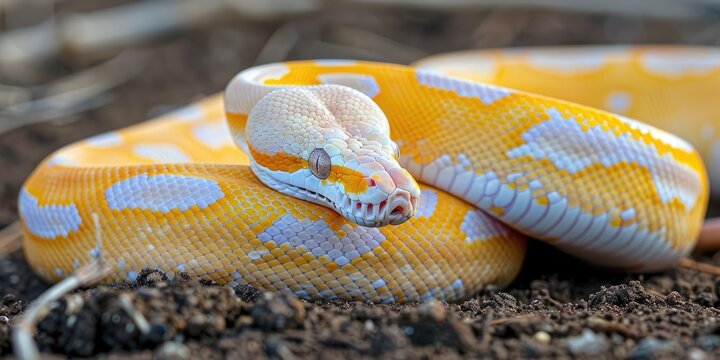 Albino reticulated python resting on the ground at a snake farm