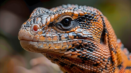 Obraz premium Amazon Tegu Lizard head, its eyes and scales detailed with a blurred background