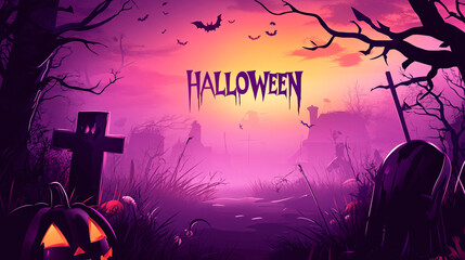 Halloween Card Design Banner Scenery. Text "HALLOWEEN" on a beautiful background. 