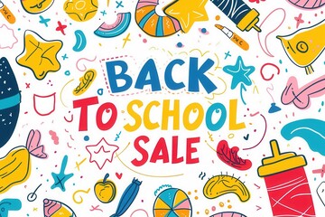 Modern flat illustration doodles and stationary supplies collage of back to school sales banner with text quote "Back to school sale". Minimalistic concept.