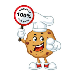 Happy cartoon cookie chef holding a 100% organic sign promoting healthy food choices.