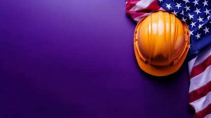 Realistic image of an american flag with a construction helmet on a purple background, symbolizing labor day with copy space for text
