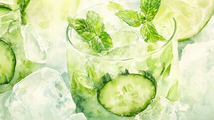 Obraz premium Watercolor illustration of a close up view of a refreshing mojito cocktail featuring cucumber lemonade ice and mint created with selective focus in a toned style