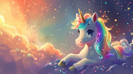 A cute cartoon unicorn with rainbow mane, sitting in the clouds surrounded by stars and glitter