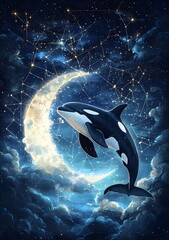 Fototapeta premium Orca Under a Crescent Moon.