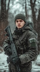 Fototapeta premium Military Soldier Stands in Winter Forest Terrain, Armed and Alert During Overcast Conditions