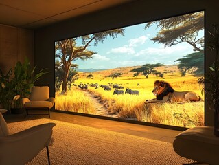 Immersive VR African Savanna Landscape with Lion Pride and Wildebeest in a Comfortable Living Room Setting