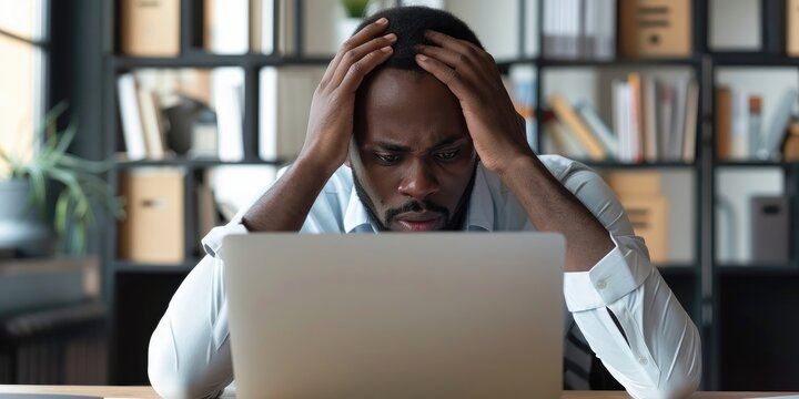 Exasperated entrepreneur handling a laptop, facing challenges with sluggish performance, error notifications, potential malware risks, and website malfunctions.