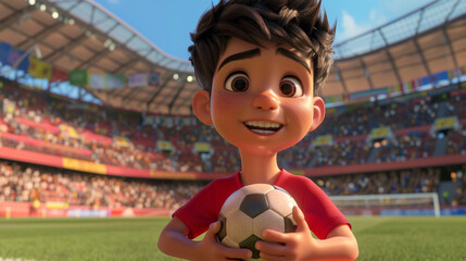 A boy wearing a red football t-shirt and red shoes, happy expression, with a football ball on a stadium.