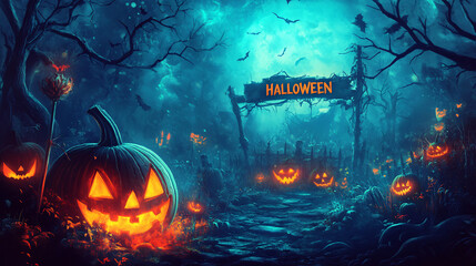 Halloween Card Design Banner Scenery. Text "HALLOWEEN" on a beautiful background. 