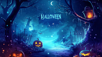 Halloween Card Design Banner Scenery. Text "HALLOWEEN" on a beautiful background. 