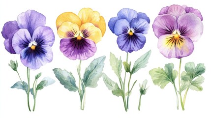 Watercolor illustration of a collection of pansy flowers