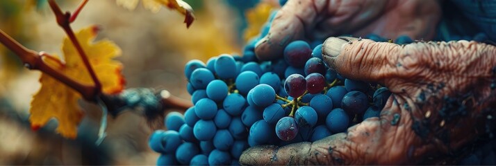 Fototapeta premium Close-up of a man gathering red wine grapes in a vineyard, with blue grapes being collected during the harvest in a grape-producing area.