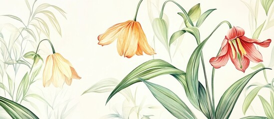 Fototapeta premium Watercolor depiction of tropical flowers and foliage on a light background Fritillaria