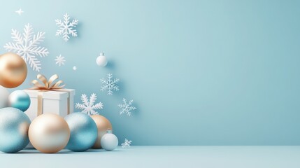 A festive arrangement featuring pastel ornaments, a gift box, and snowflakes against a light blue backdrop, perfect for Christmas.