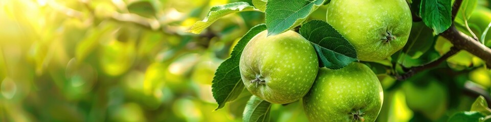 Ripe green apples on a tree branch, ready to be harvested, captured with selective focus.