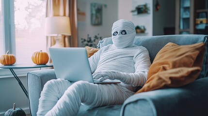Spooky mummy relaxing on a comfortable sofa, browsing the internet on a laptop, embracing the halloween spirit in a cozy home setting