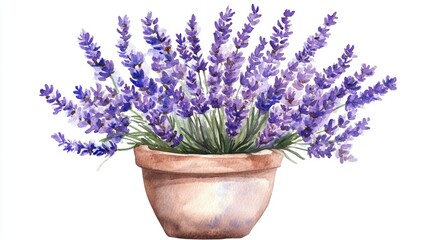 Watercolor illustration of a lavender bouquet in a craft pot ideal for birthday and mother s day cards floral shop branding and fragrance product decoration