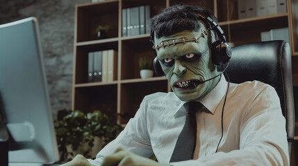 Spooky businessman wearing a monster mask is working late at his office computer. He is wearing a headset and appears to be on a call