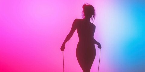 Silhouette of a Woman Exercising with Jump Rope Against Vibrant Colorful Background