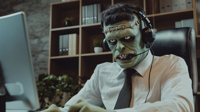 Spooky businessman wearing a monster mask is working late at his office computer. He is wearing a headset and appears to be on a call
