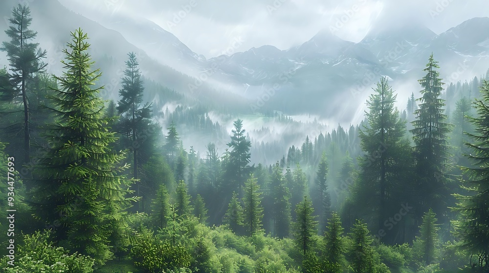 Wall mural a serene forest landscape with misty mountains in the background, evoking tranquility and nature's b