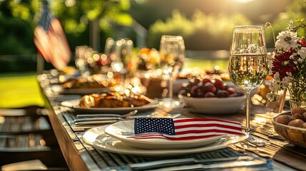 Fototapeta premium Celebrating Labor Day With an Outdoor Dining Setup Featuring US Flag Decor and a Vibrant Midday